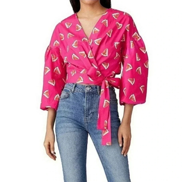 Color Me Courtney x RTR Watermelon Wrap Top S Puff Sleeve Pink Fruit Print - Picture 2 of 13